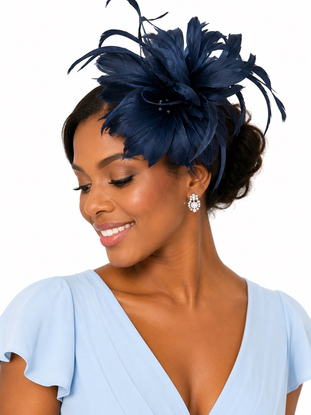 Bellissima Navy Multi Flower Feather Fascinator Headband Kentucky Derby Wedding